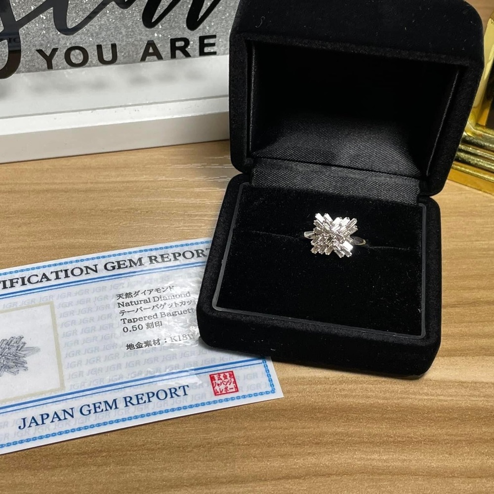 K18 18k Real Gold Japan Natural Diamonds baguette ring WG with certificate